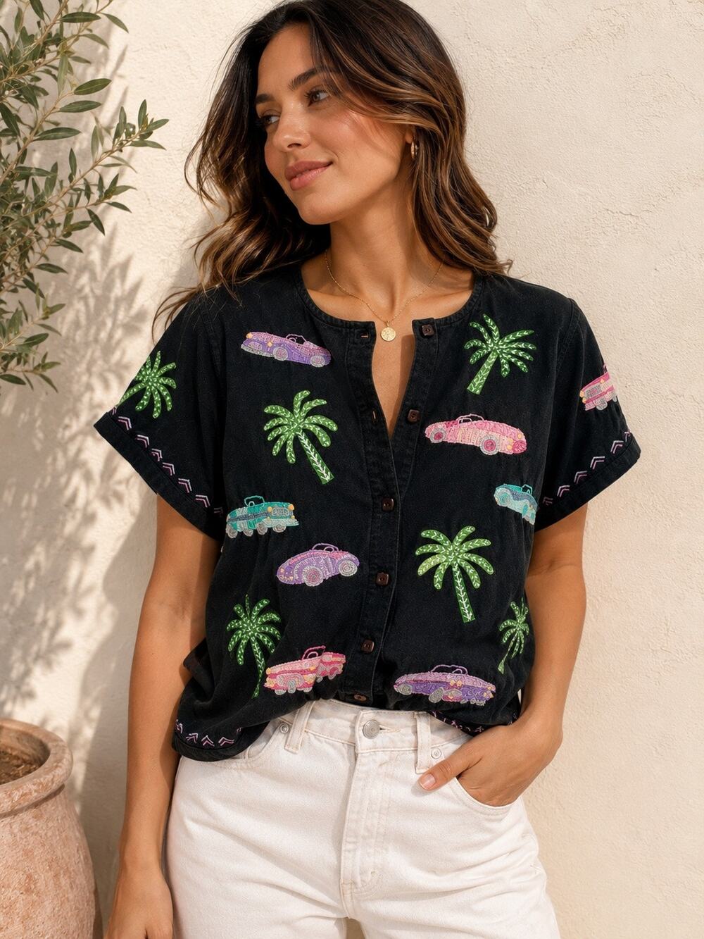 Michael Simon Lite Vintage Palm Tree Car Embroidered Black Top S